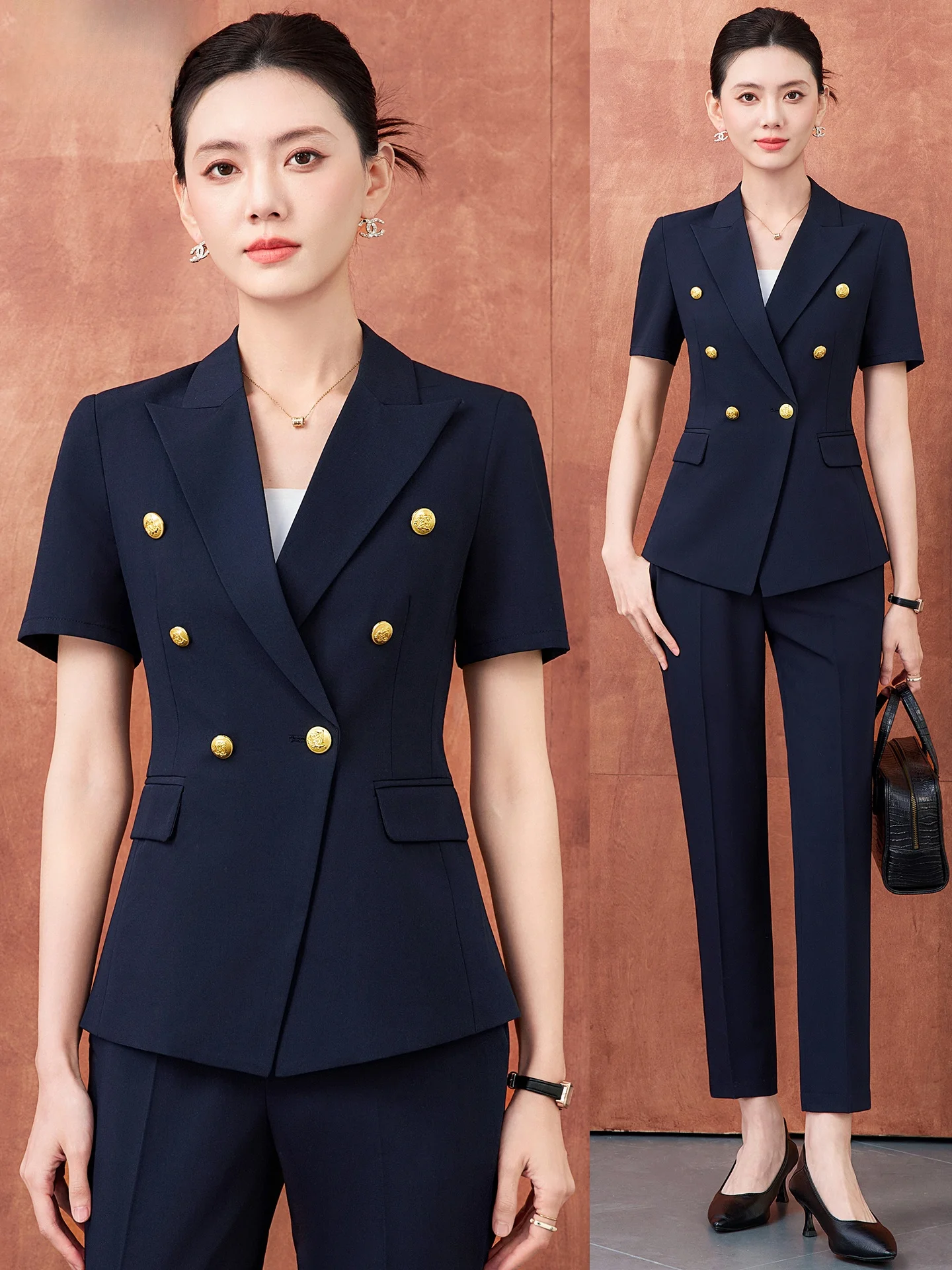 

Tall Women's Royal Blue ort Sve Suit Set Thin Profional Workwear Polyester Fiber Commute Sle Busin Attire