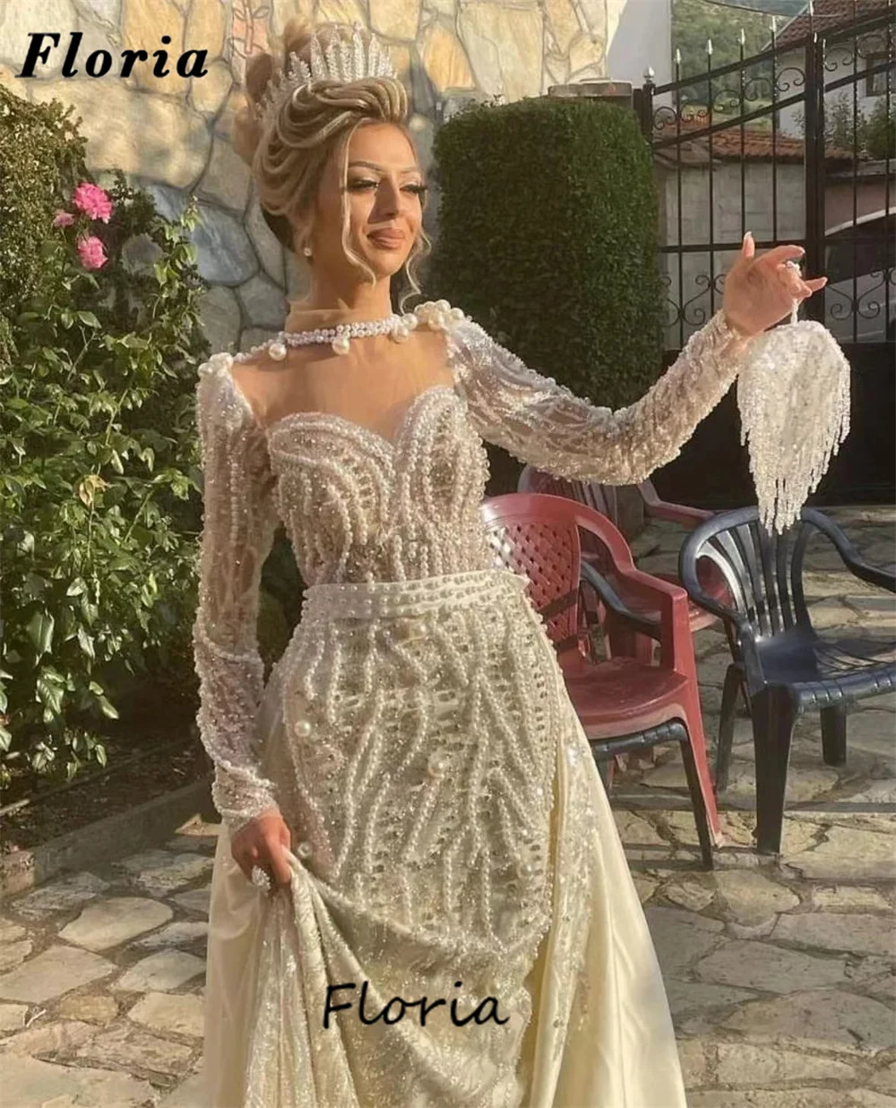 Pearls Evening Dresses With Detachable Skirt Custom Made Long Sleeves Beading Prom Dress Dubai Kaftans Cocktail Party Gowns 2024