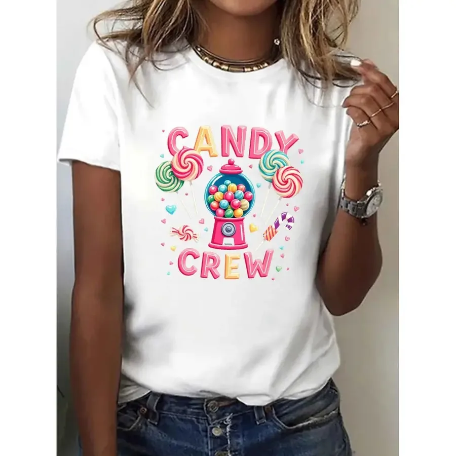 【Nuevo estilo】Camiseta de manga corta Wo Candy Crew - Top con cuello redondo y estampado de cubos de azúcar tropicales y bastones de caramelo, de elasticidad media, lavable a máquina