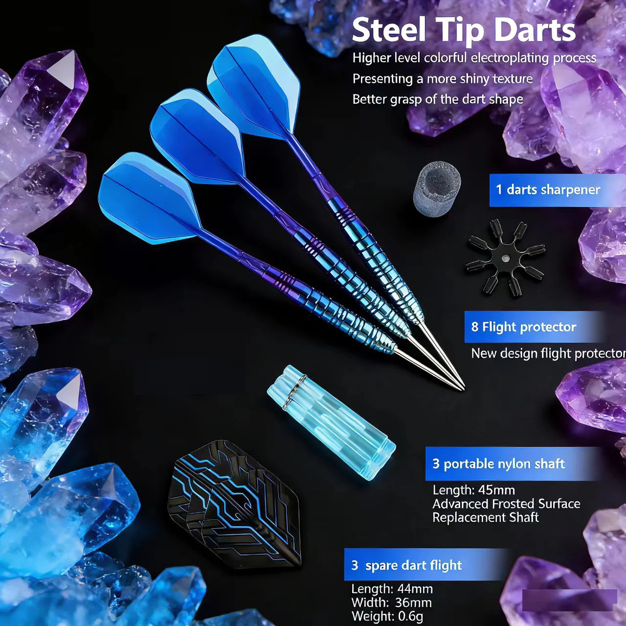 

Премиальный набор из 3 дротиков со стальными наконечниками и цветным гальваническим покрытием, полный комплект аксессуаров для профессиональных и домашних игроков в дартс.