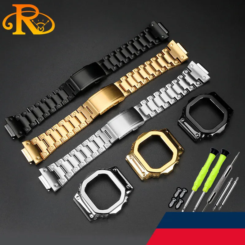 New Modified Suit watchband For Casio G-SHOCK DW5600 GW-B5600 GWM5610 Stainless steel metal Bezel watch case + strap Repair Tool