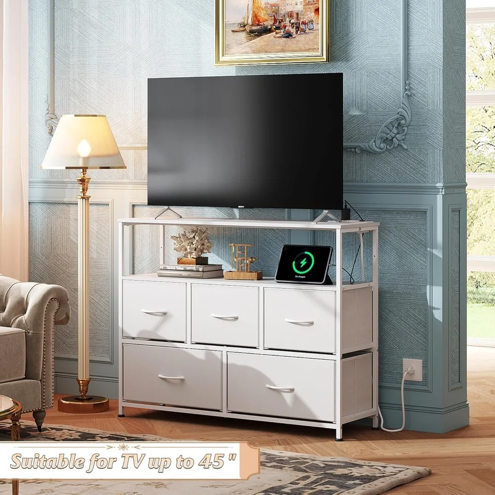 Dresser for Bedroom with 5 Fabric Drawers, Entertainment Center with Open Shelf and Power Outlet for 45 inch TV, Dresser