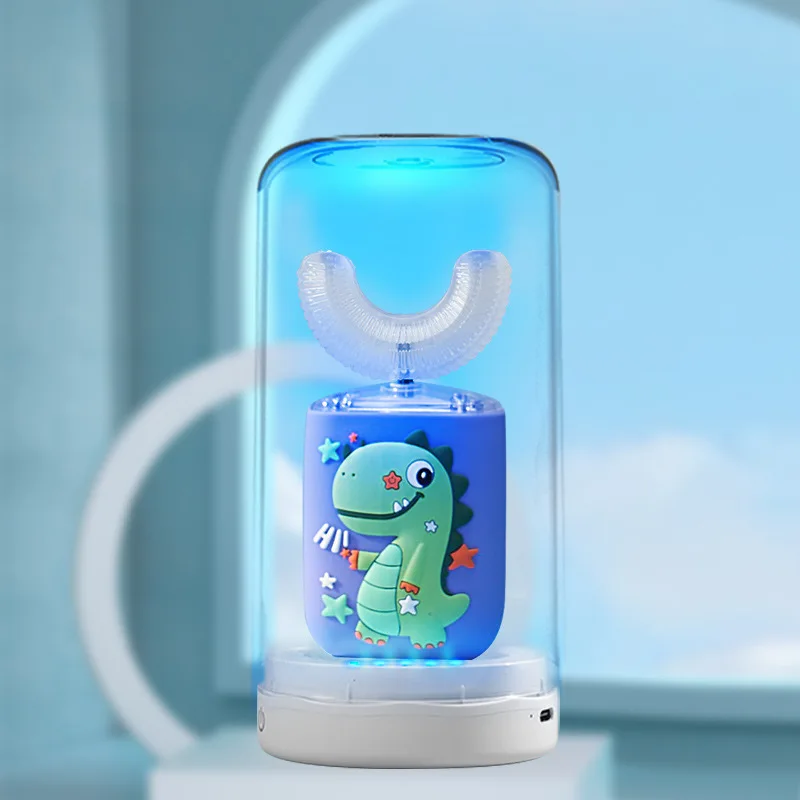 U-shaped Children Electric Toothbrush USB Charger for Kids Cartoon 360Degrees Automatic Tooth Brush Silicon Head Blue Light IPX7
