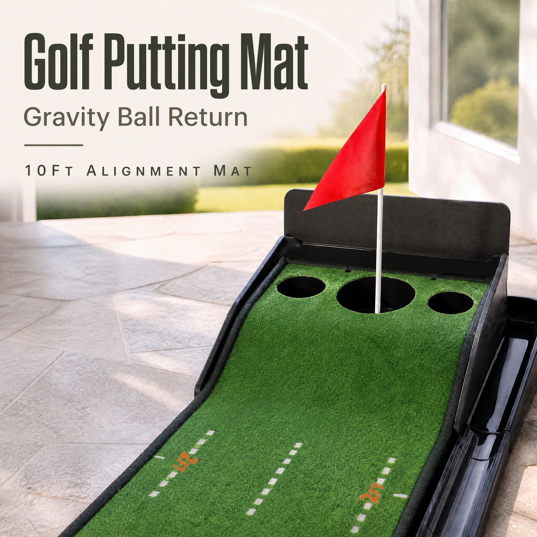 New Upgraded 10FT Golf Putting Mat with Center Flag and Auto Ball Return, 3-Hole Alignment Trainer for Indoor Outdoor Practice