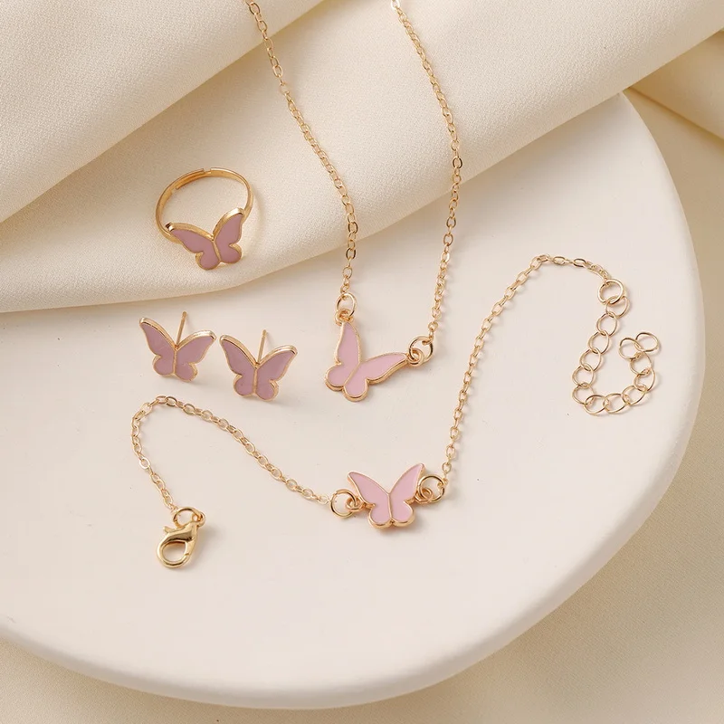 5-teiliges Emaille-Schmuckset mit bunten Schmetterlingsanhängern, Armband, Ohrringen für Damen, romantische Kettenhalskette, Hochzeitsfeier-Charms – Detail 3