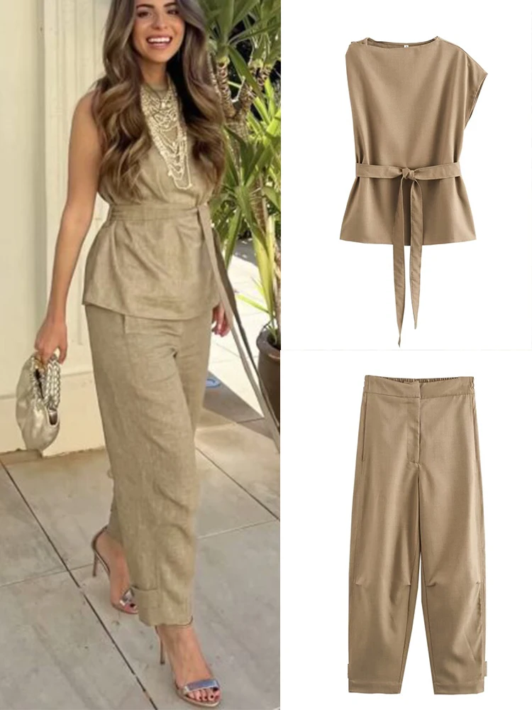 

Women Summer Solid 2-Pieces Sets 2024 Fashion Asymmetry Blouses Tops and Trousers Female Elegant Street Two Suits Clothing
