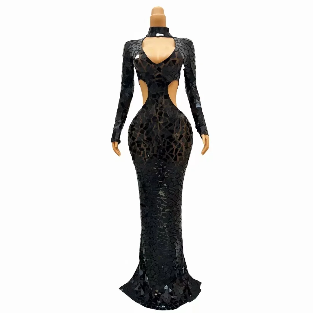 Sexy Black Perspective Sequins Women Waist Length Skirt Fashion Club Birthday Party Prom Deep V Neck Gowns Sparkle Stage Costume