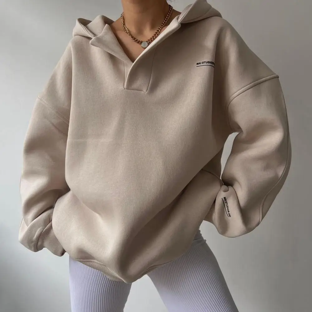 Autumn Winter Women Hoodies V-neck Pullover Tops Solid Color Hooded Sports Coat Casual Loose Soft Sweatshirt Female Streetwear