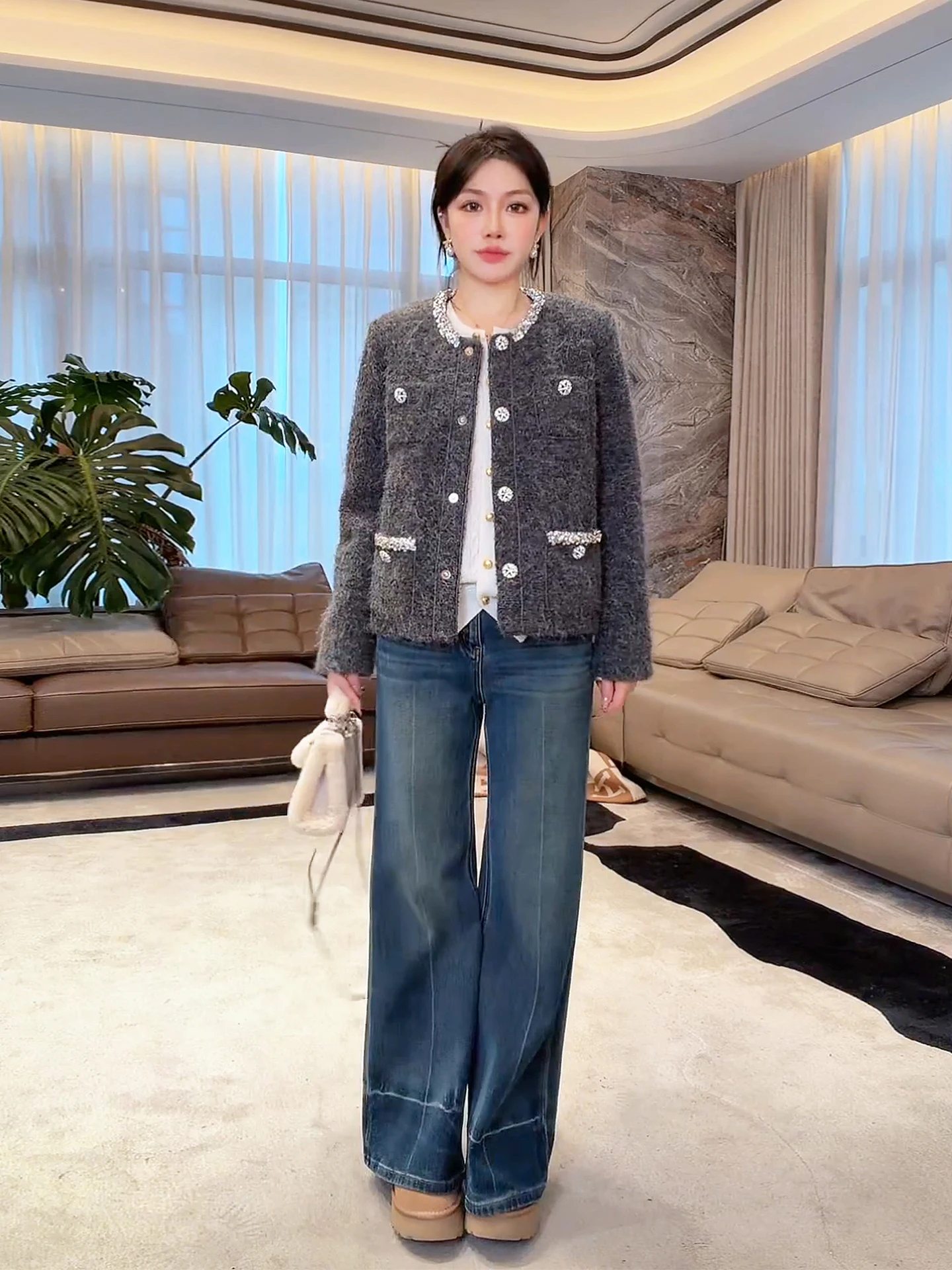 

Пуховик ME Homeyang из белого гусиного пуха, твидовый, утепленный, зимнее пальто с длинными рукавами, круглым воротником, на одной пуговице