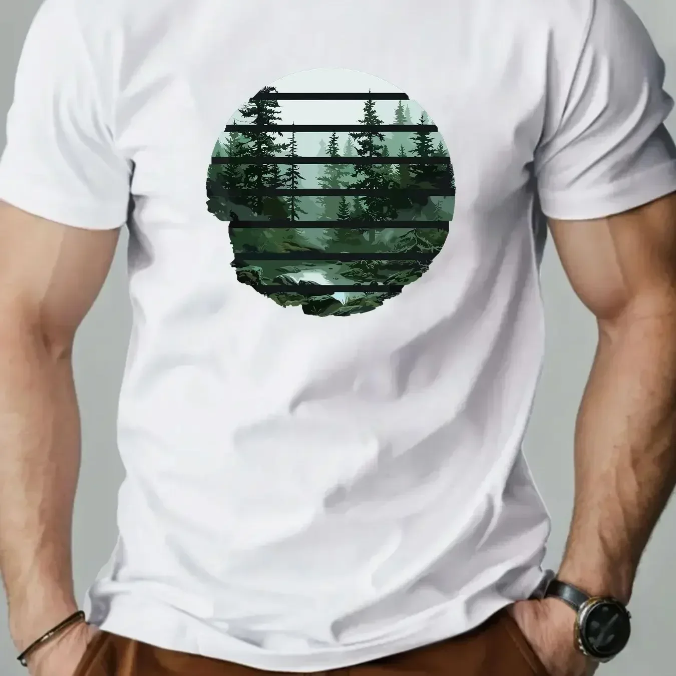 Men Forest Scene Graphic Tee Casual Summer Crew Neck Short Sleeve T-Shirt Cotton Breathable Fabric Men Clothing