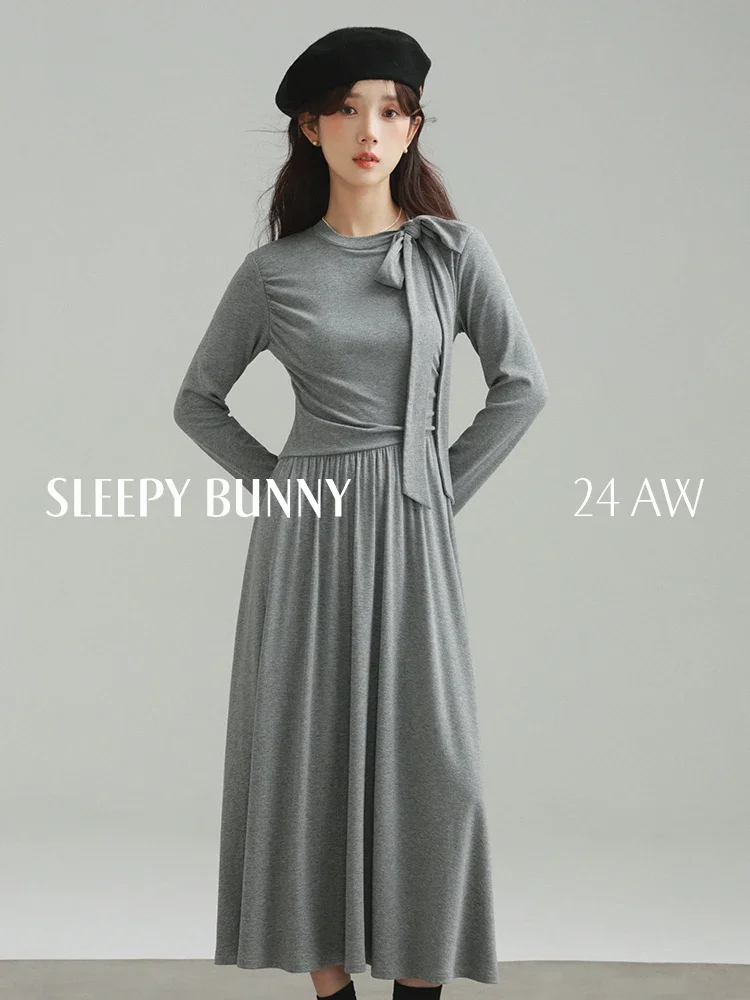 

Spring Elegant Bow Tie Long Sleeve Maxi Dress for Women Slim Fit Stretchy High Waist Flared Skirt Stylish Casual A-Line Dress