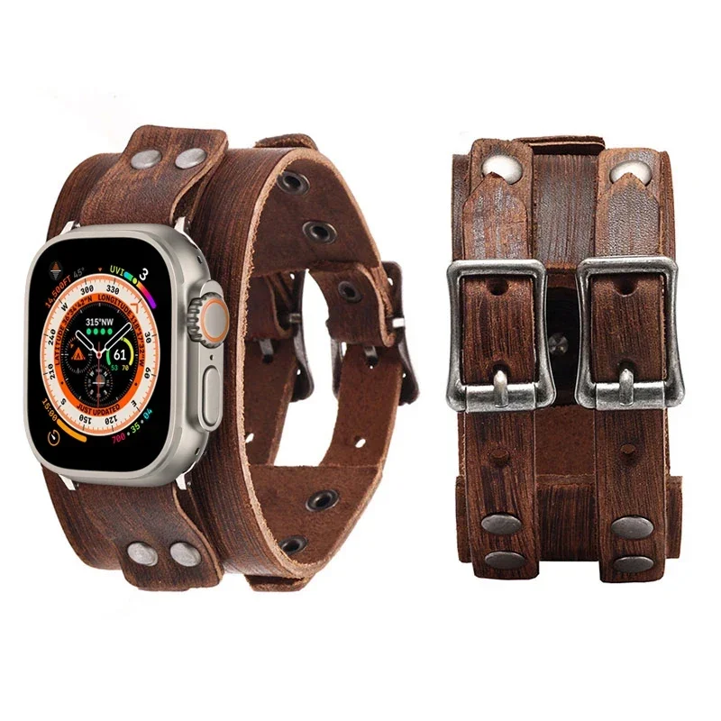 Genuine Leather Strap For Apple Watch Band 44mm 40mm 45mm 41mm 49mm Double Metal Buckle bracelet iWatch series 9 8 7 6 5 4 3 SE