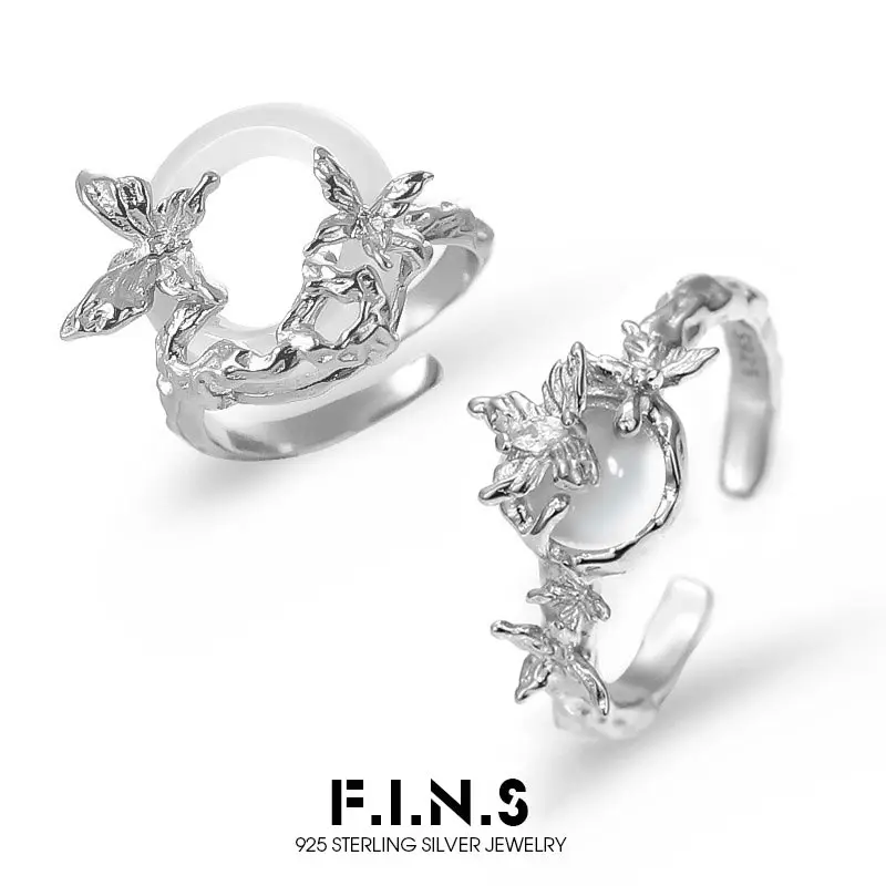 

F.I.N.S Original Chic Butterfly S925 Sterling Silver White Agate Ring Stackable Round Circular Band Fashion Fine Jewelry Gifts