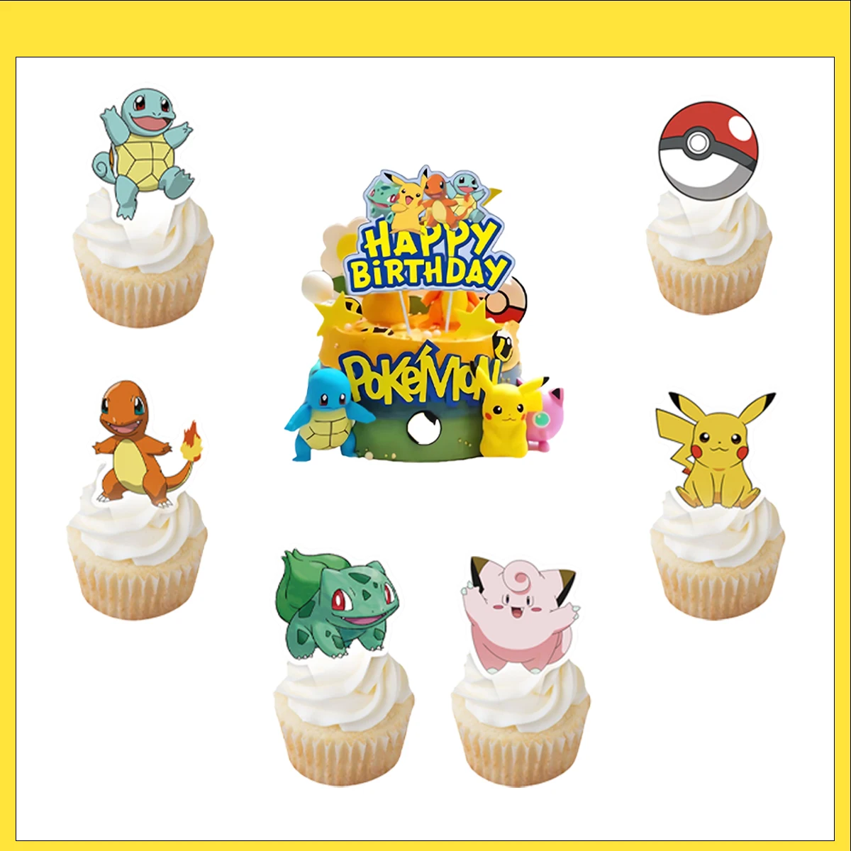 MINISO Pikachu Happy Birthday Acrylic Cake Topper Party Decoration Cake Decor Flag Baby Shower Baking DIY Supplies Kids Gift