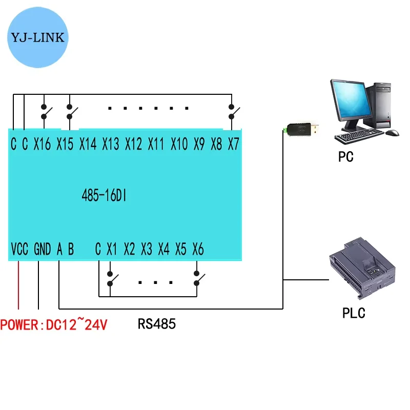 DC 12V 24V 485-16DI 16 canales Digital aislado entrada RS485 Modbus Rtu módulo PNP NPN interruptor colector Digital