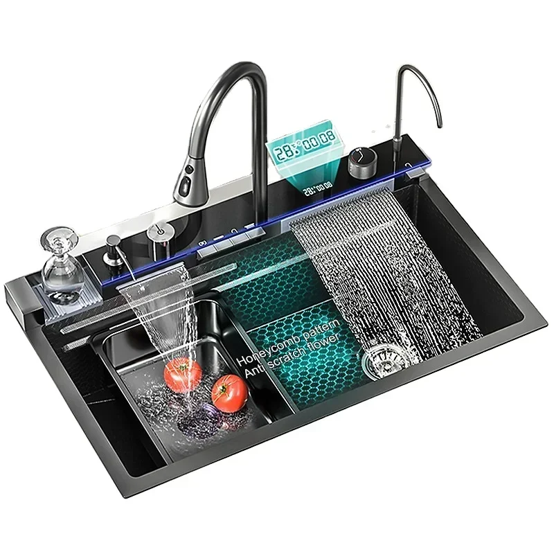 Modern  Stainless Steel Black Waterfall Apron Farmhouse Countertop Dish Storage Drying Rack Mixer faucet  Nano Kitchen Sink Hot