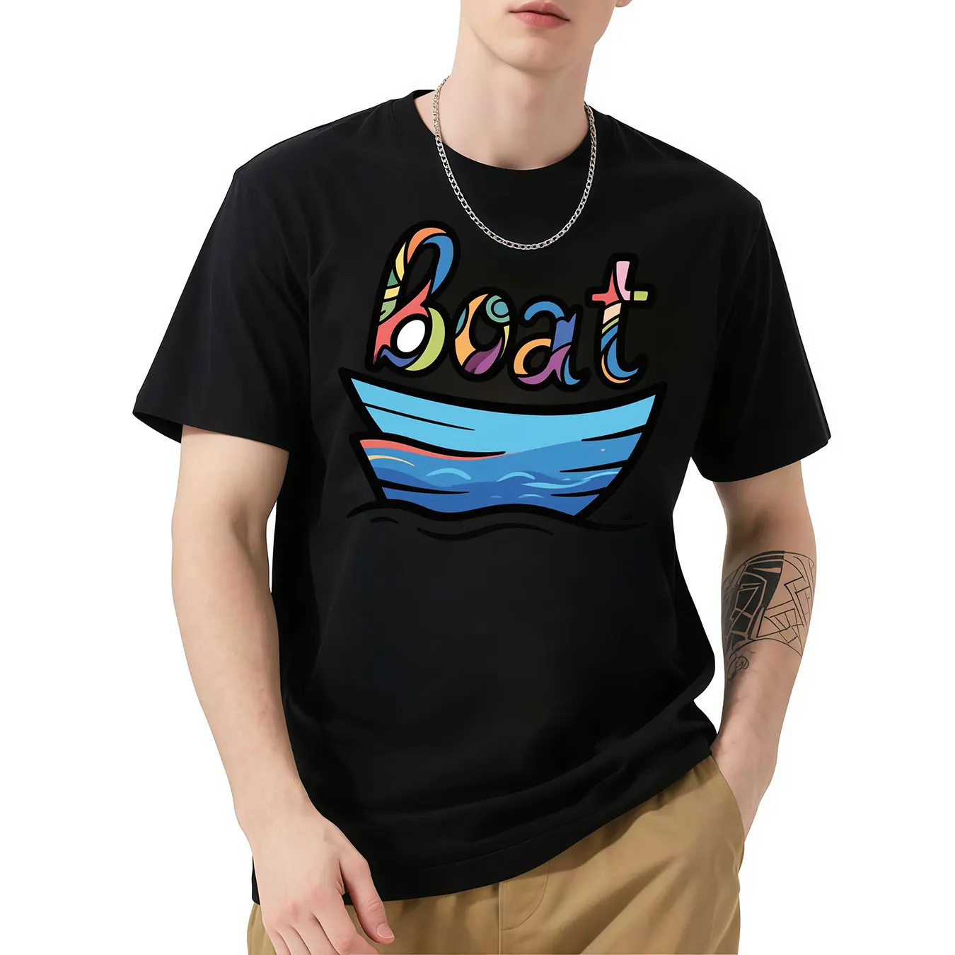 

Boat - Themed Graphic T - Shirt, Short Sleeve, Creative Boat Print, Stand - Out Design, Great for Casual Outings