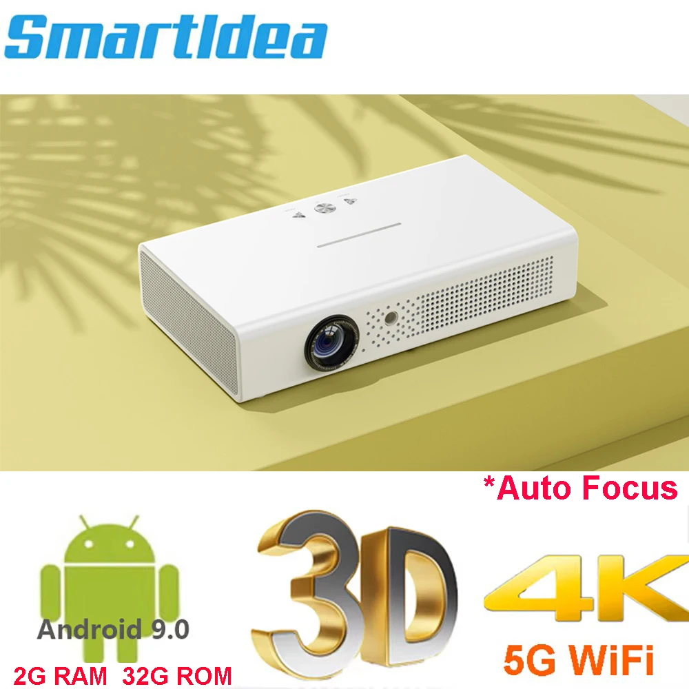 Smartldea 리얼 3D DLP 프로젝터, 풀 HD 1080P 안드로이드 9.0, 5G 와이파이, 2G + 32G BT 스마트 프로젝터, 주간 HD 비디오 게임 비머, 4K