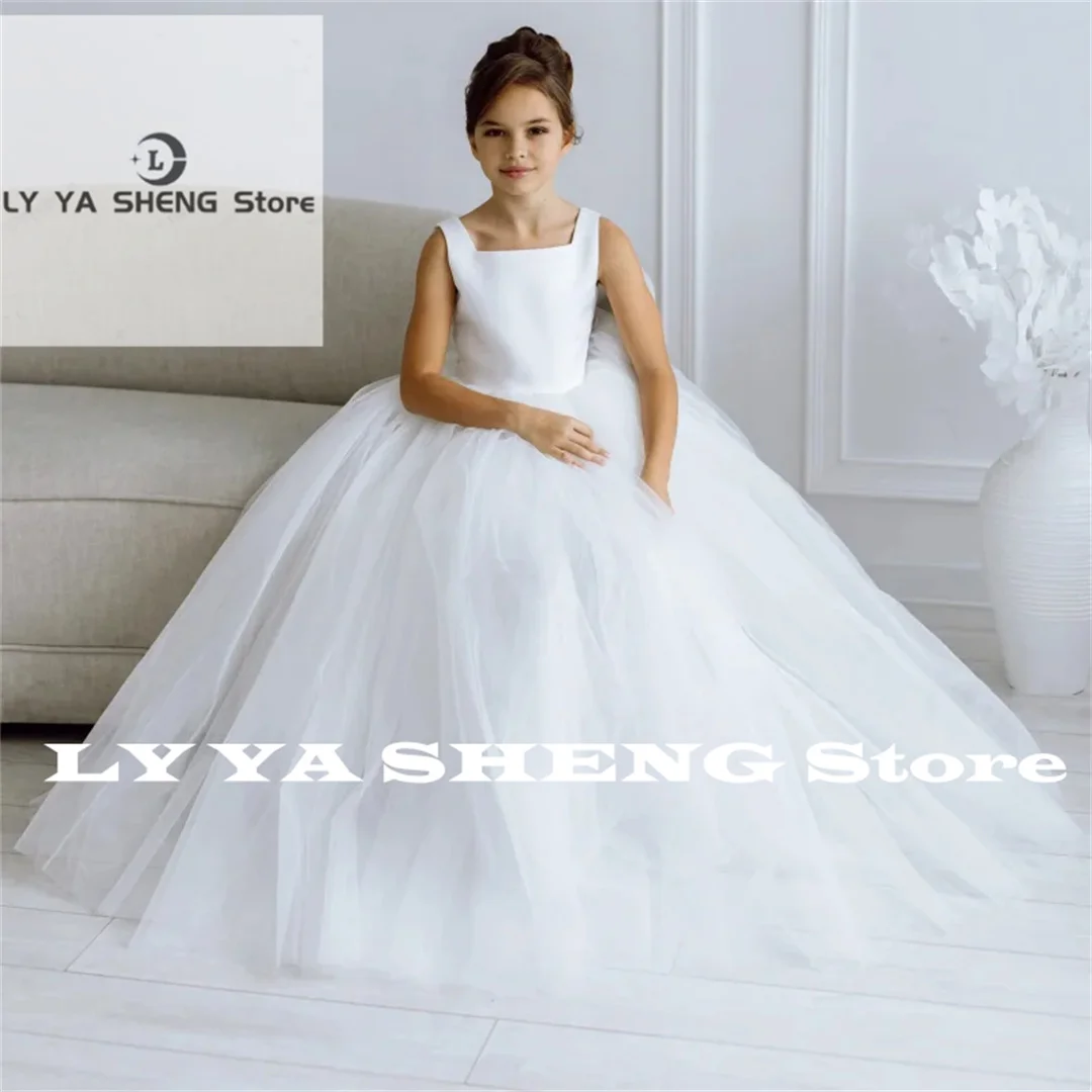 White Flower Girl Dresses Tulle Satin With Bow Sleeveless For Wedding Birthday Party Banquet First Communion Gowns