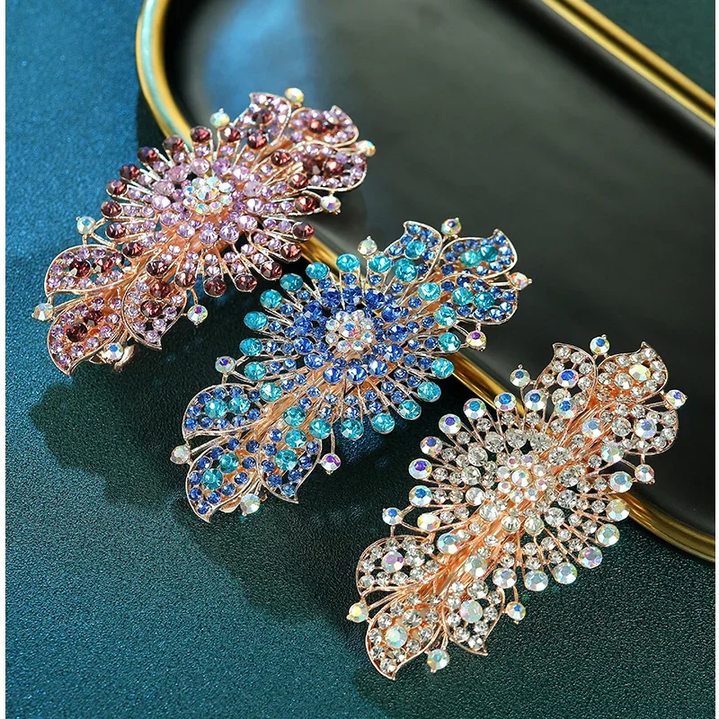 한국어 크리스탈 꽃 헤어 클립 빈티지 라인 석 클립 초대형 봄 클립 여성 머리핀 꽃 헤어 액세서리