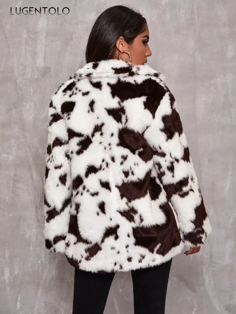 Women Faux Fur Jacket Autumn Winter Harajuku-style Cow Print Black White Coet Lady Loose New Fashion Warm Cloth Available 4XL