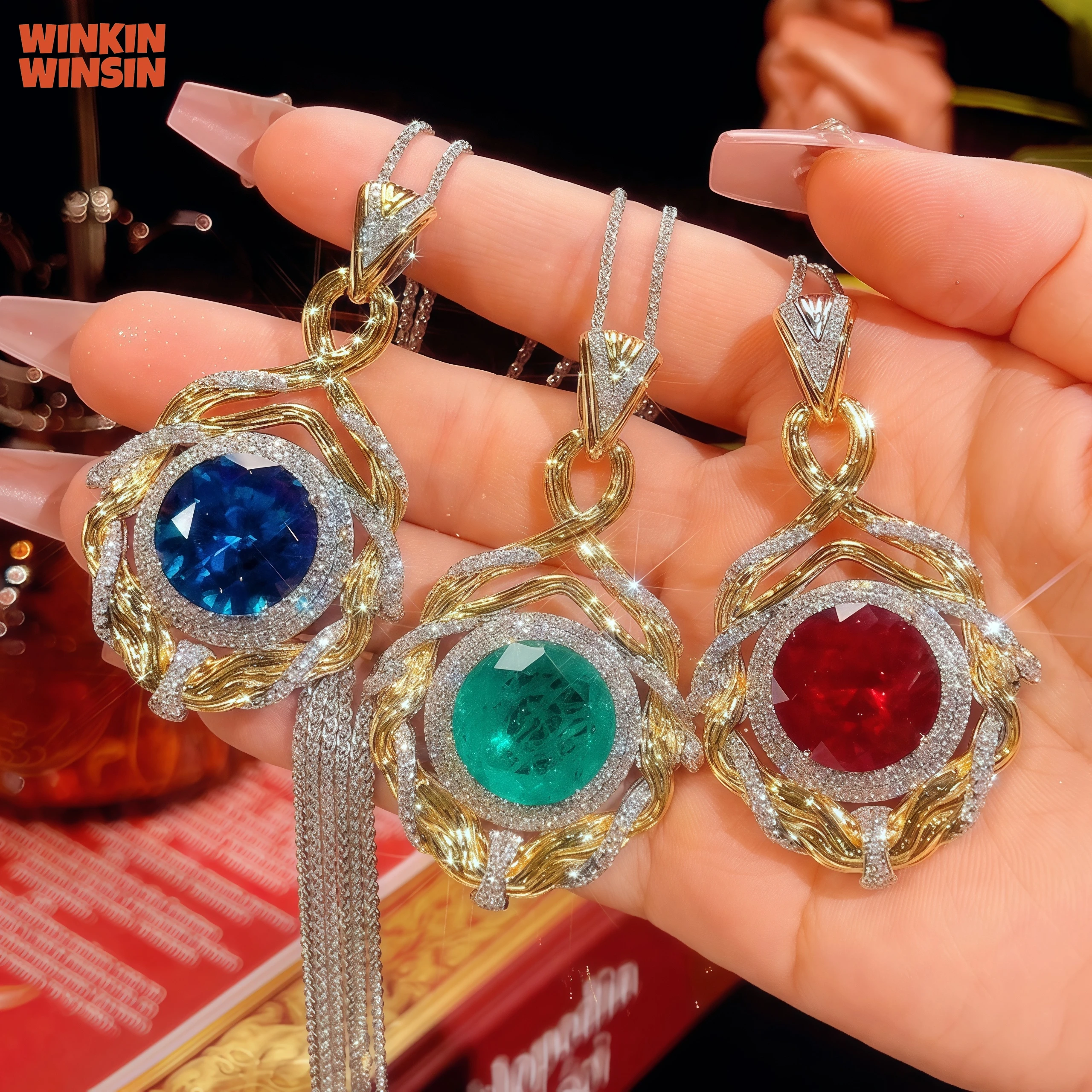 

WINKIN WINSIN Brand MCT Healthy Copper Jewelry Copper Base Gold Plated Simulated Blue Spinel Round Vintage Pendant Necklace