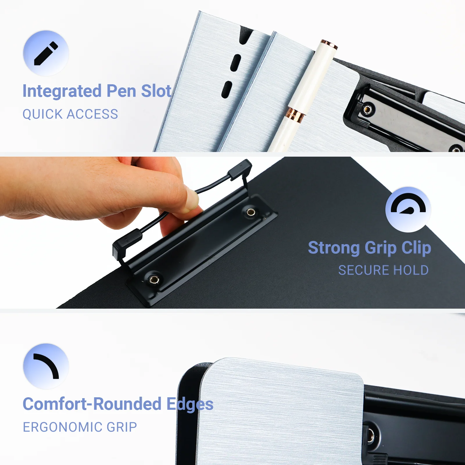 클립보드 폴더, 브러시드 텍스처 360도 접이식 클립보드, 펜 홀더가 있는 Letter/A4 크기 및 수직 이중 금속 클립, 파일 커버 작업 폴더 클립보드