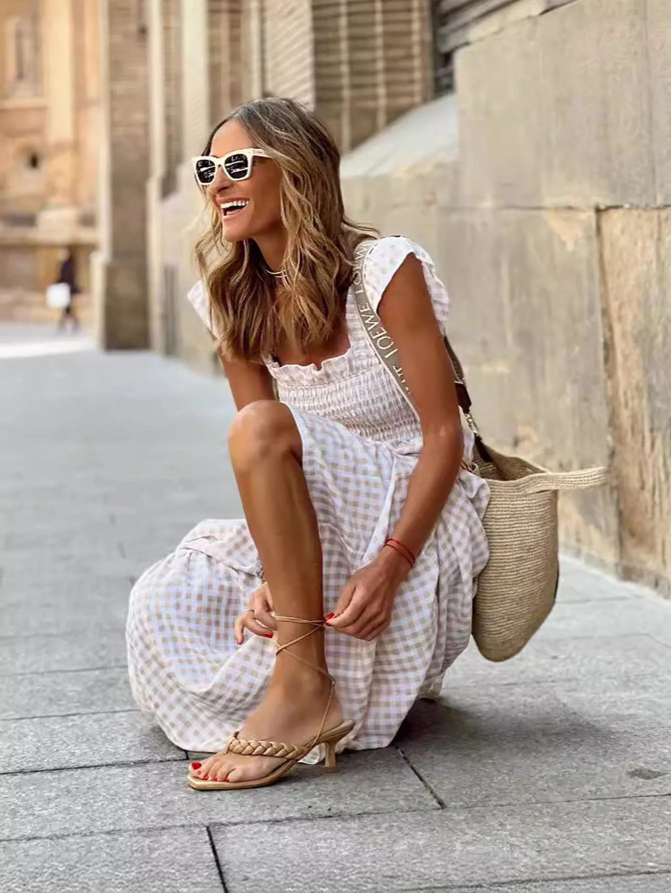 Women's Fashion summer outfits Retro Plaid Smocked Flounce Dress Dress Spaghetti Strap Flounce Long Dress