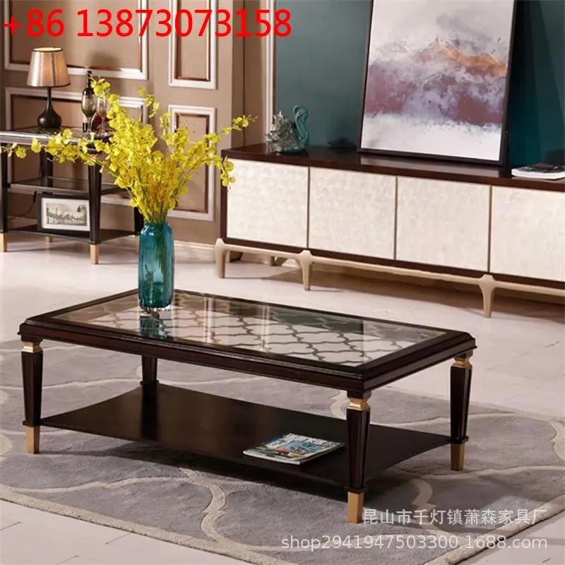 American light luxury solid wood coffee table, living room glass surface square edge table, modern hollow carved coffee table