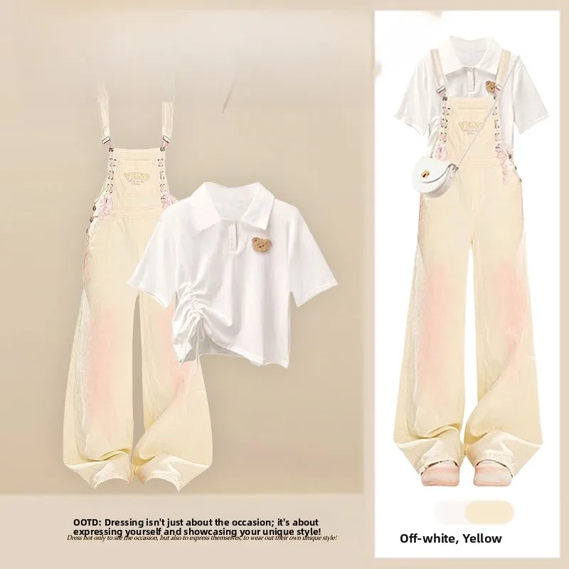 

Korean Sle ort Sve T-irt And Denim Overalls Girls Summer Dopane Two-Piece Set Faionable And Cute Student Outfit