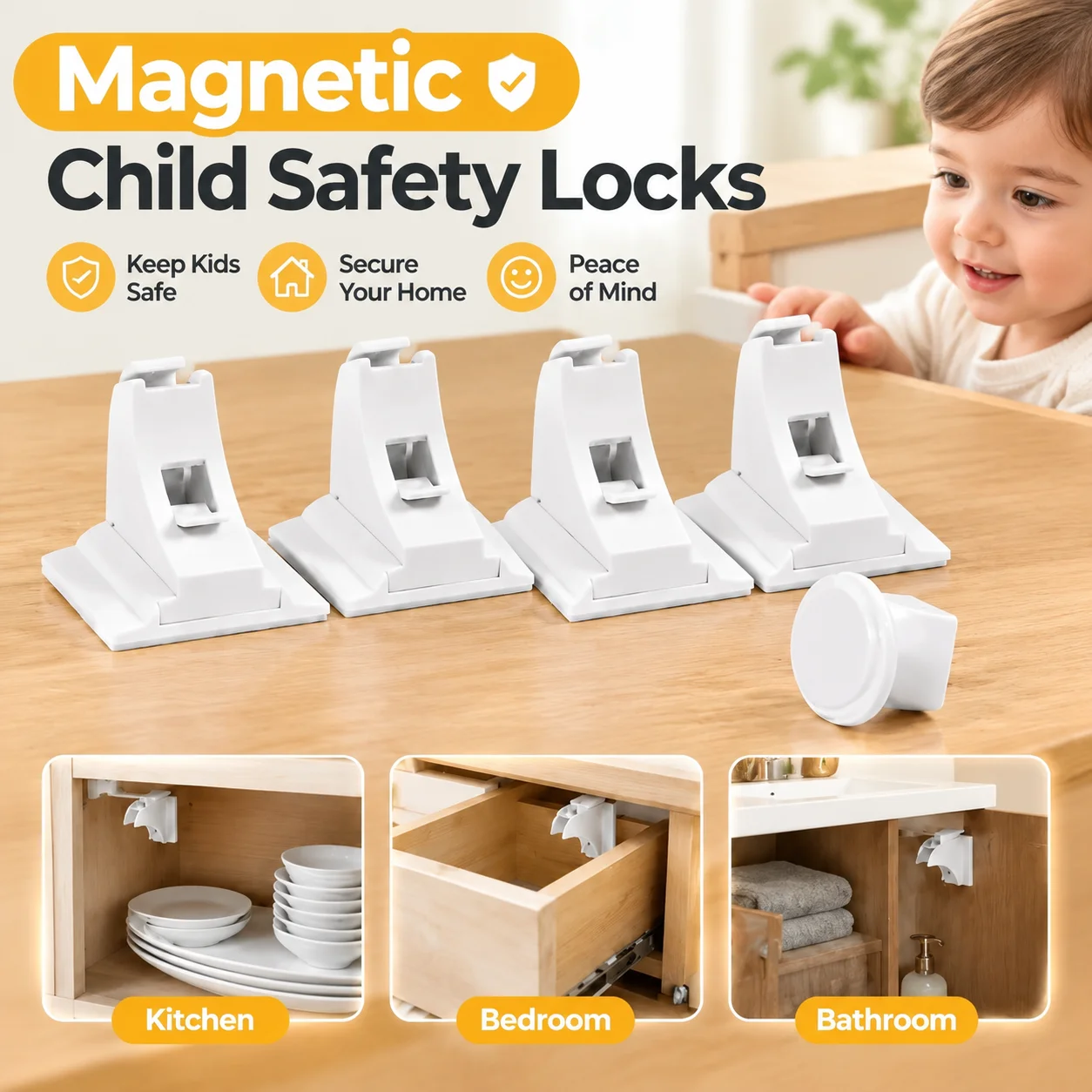 Magnetic Child Safety Locks 4 ABS Cabinet Drawer Latches 1 Key White Concealed Buckle Baby Proofing Anti-opening