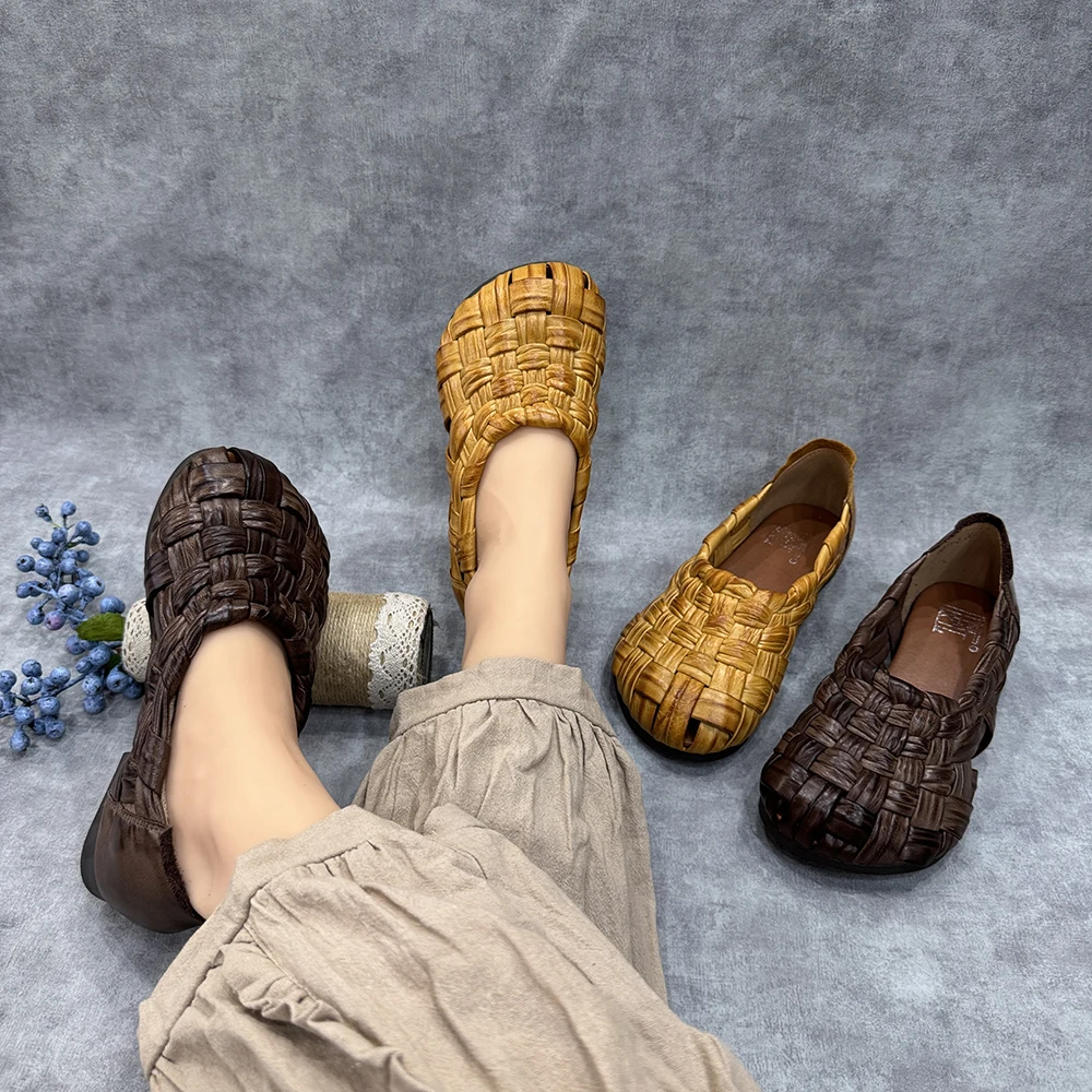 

Birkuir Retro Weave Flats Shoes For Women Slip On Loafers Round Head Shoes Spring Luxury Genuine Leather Soft Soles Lazy Shoes