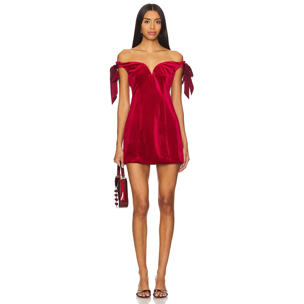 

Off The Shoulder Cocktail Dress Mini Short Red Party Gown With Bow Evening Dress Knee Length High Quality Homcoming Dress