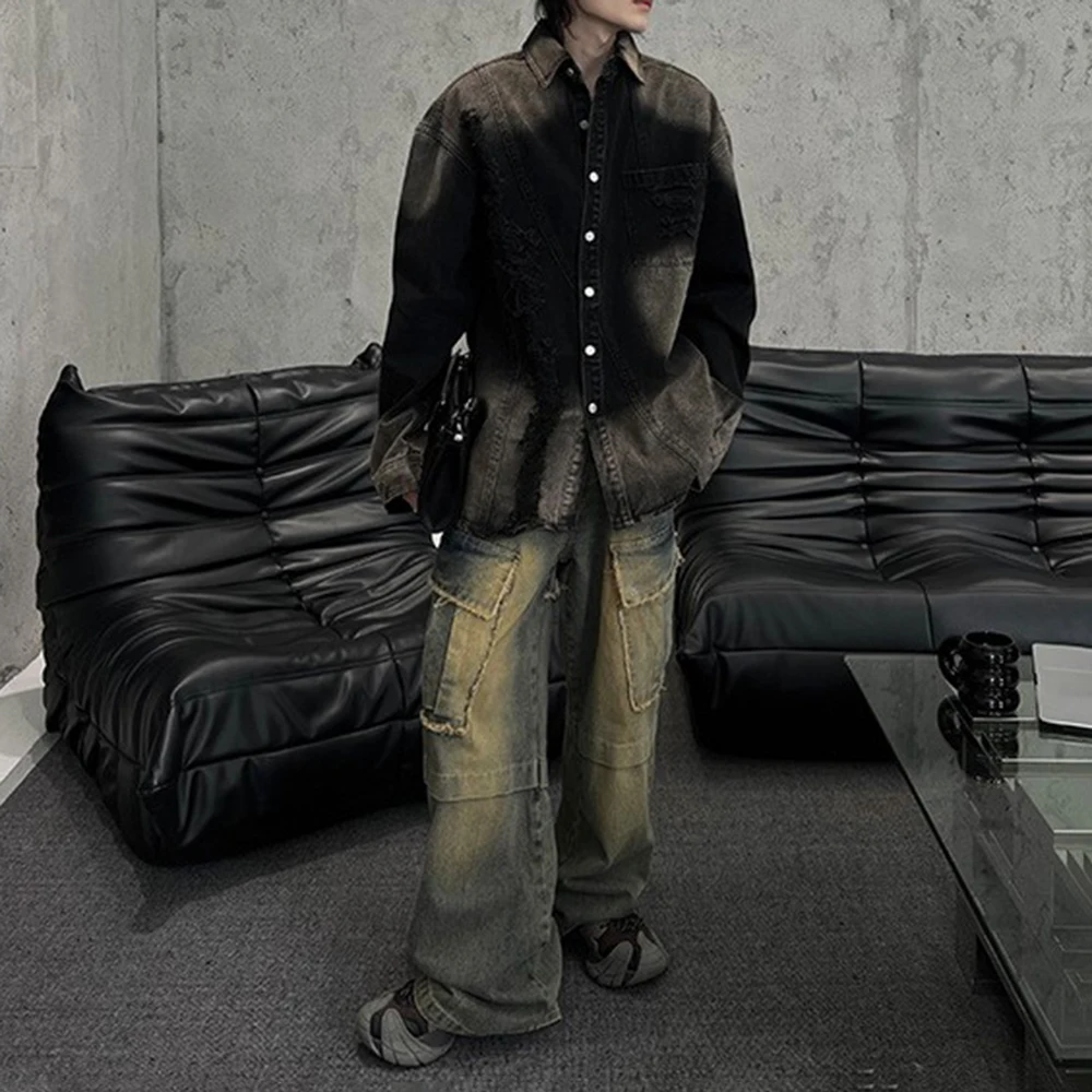 Korean High Street Fashion Washed Gradient Hip-Hop Trend Ripped Old Denim Jacket Loose Large Size Casual Retro Jacket For Men - Image 4