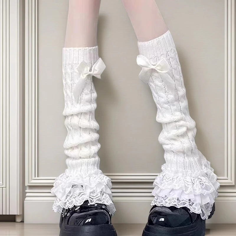 Lolita Winter Ruffled Leg Cover Women's Warm Sweet Bowknot Knit Calf Socks Long Boot Sleeves Foot Cover Accessories