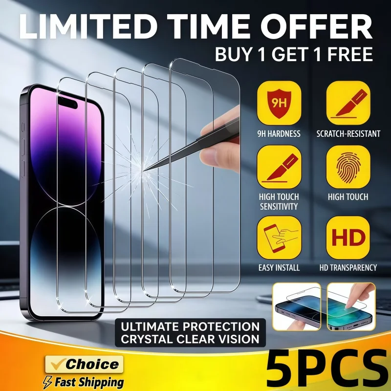 

5Pcs Tempered Glass For iPhone17 16 15 14 13 12 11 Pro Max Screen Protector For iPhone 17Air XR XS Max XR Protective Glass Film