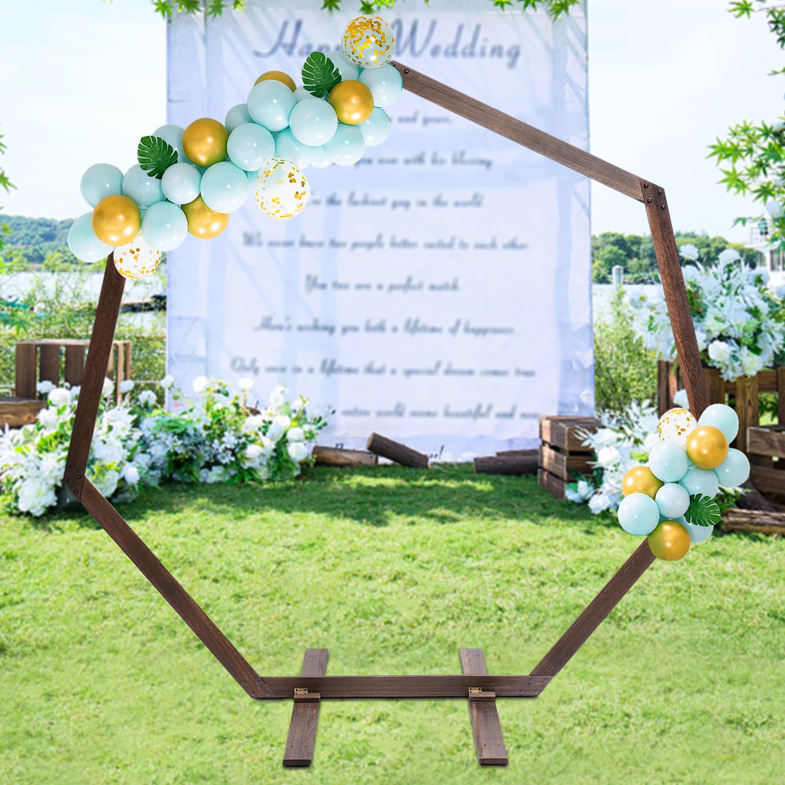 Wood Wedding Arch Polygonal Ceremony Arch Backdrop Flower Stand 7.2FT