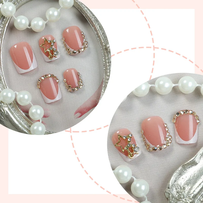 24Pcs French Short Square White Reusable False Nail Tips with Rhinestone Star Chain Nude Pink Acrylic Lovely Nails Fashion Set