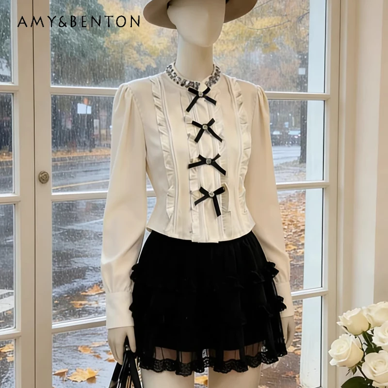 

French Retro Design Heavy Cute Bow Ruffled Women's Shirt 2026 Spring Autumn New Long Sleeve Socialite High-end Shirts Ladies