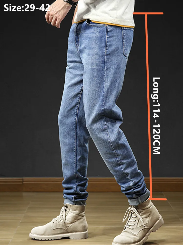 Tall Men 114CM 120CM Extra Long Blue Denim Jeans Stretched Plus Size 42 40 Slim Fit Elastic Large Male Trousers Straight Pants
