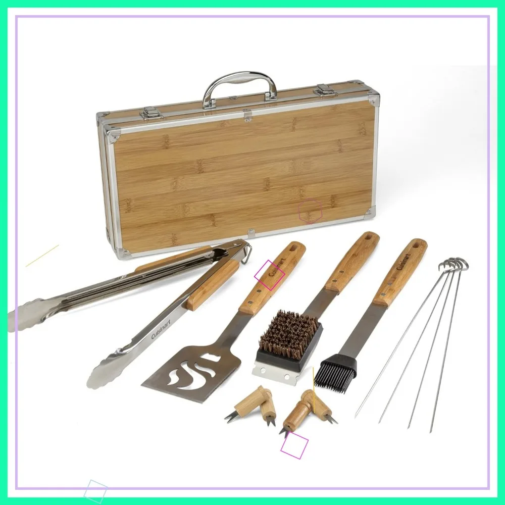 

13-Piece Bamboo Grill Tool Set with Case, Spatula, Tongs & More for Easy BBQ