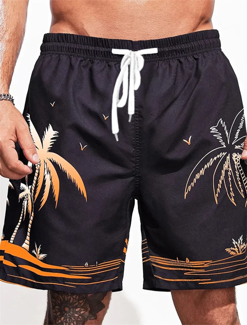 2024 Men\'s Beach Shorts Fun 3D Raffia Tree Print Swim Trunks Fashion Summer Loose Casual Pants Boy Girl Unisex Gym Board Shorts