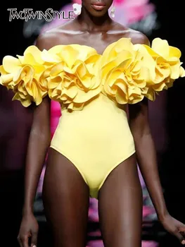 DEUXTWINSTYLE Solide Patchwork Appliques Salopette Pour Femmes Slash Cou Sans Manches Taille Haute Minceur Combinaisons Femme Mode Nouveau