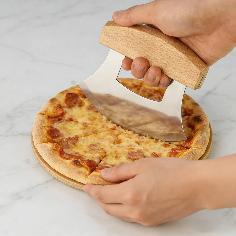 

Wooden handle Pizza Cutter Stainless Steel Pizza Slicing Food Chopper Herb Cheese Knife Cutter Ring for Precise Baking Tools