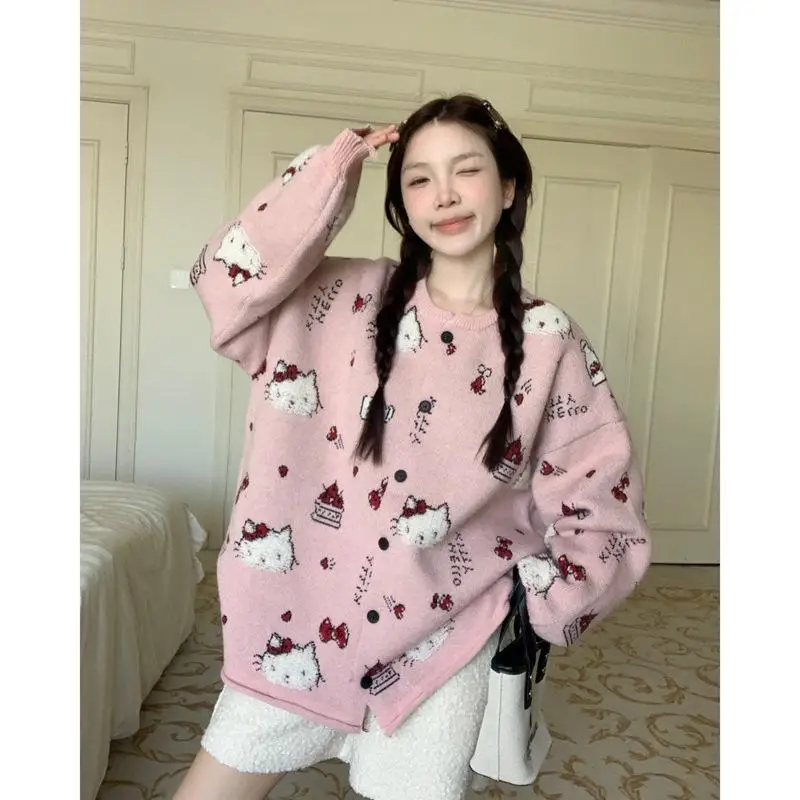 Hot Sanrio Round Neck Sweater Autumn and Winter Loose Coat Kawaii Hello Kitty Comic Lovely Fashion Sweater Tops Hole Jeans New