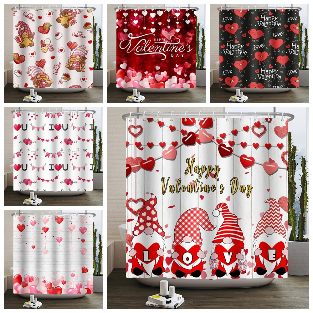 

February 14 Valentine's Day Shower Curtain Red Love Heart Waterproof Polyester Material Curtain for Bathroom with 12 Free Hooks