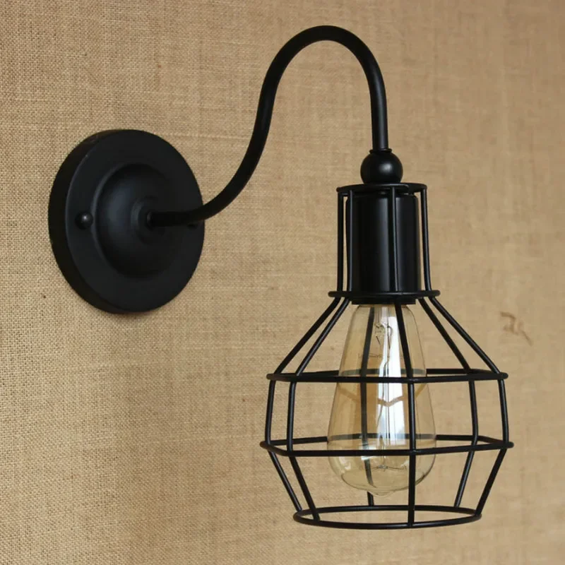 Vintage Wall Light Industrial Decor Indoor Lighting Black Retro Wrought Iron Caged Sconce Lamp for Bedside Aisle Bar Room Decor