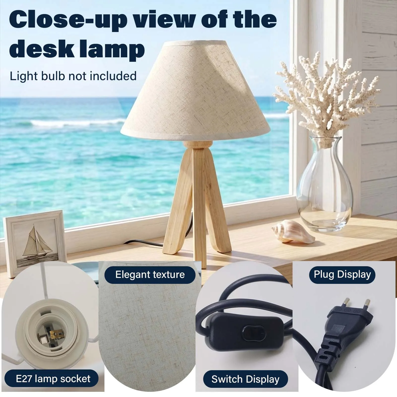 Nordic Wooden Tripod Table Lamp Linen Shade E27 Bedside Nightstand Desk Lamp