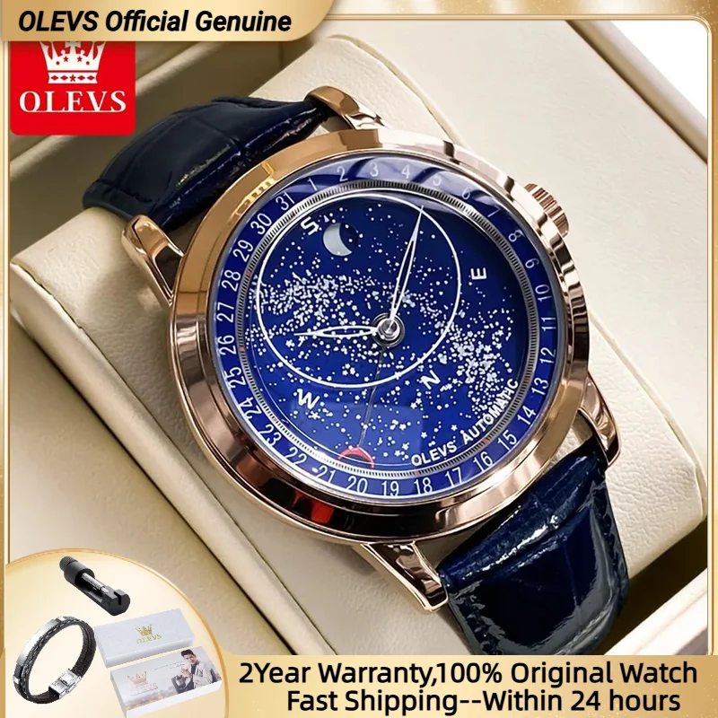 

OLEVS Automatic Watch for Men 43.5mm Starry Rotating Luminous Big Dial Leather strap Top Brand Wristwatch Mechanical Men's Watch
