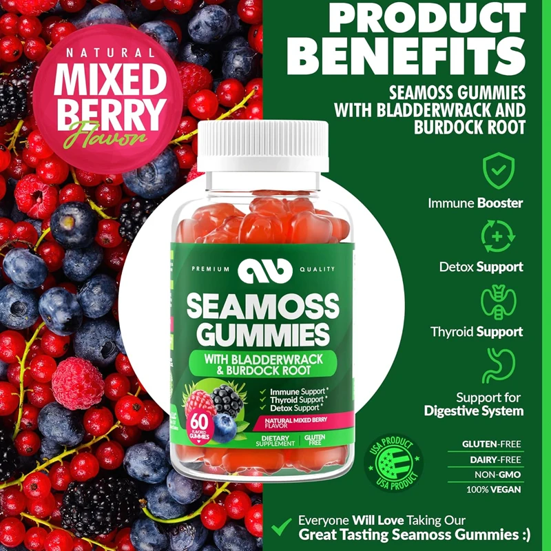 

Sea Moss 3000mg gummies - Natural Irish seaweed provides immunity and detoxification support -Gluten free,vegetarian -60 gummies